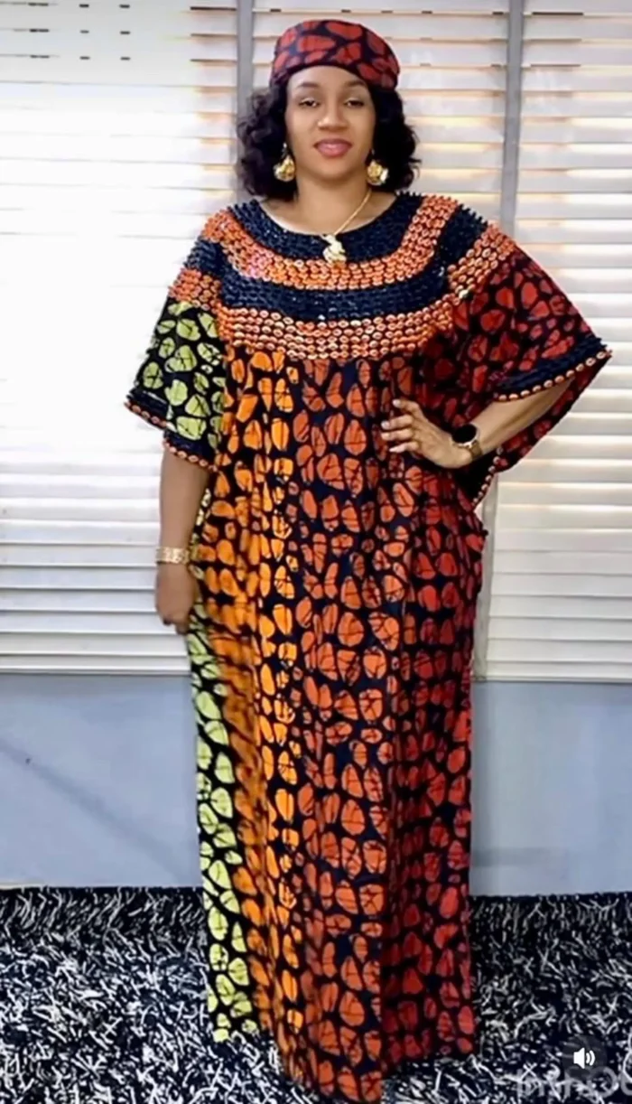 African Ankara Hand Beaded Round Neck Maxi Bubu/Dress - Image 1