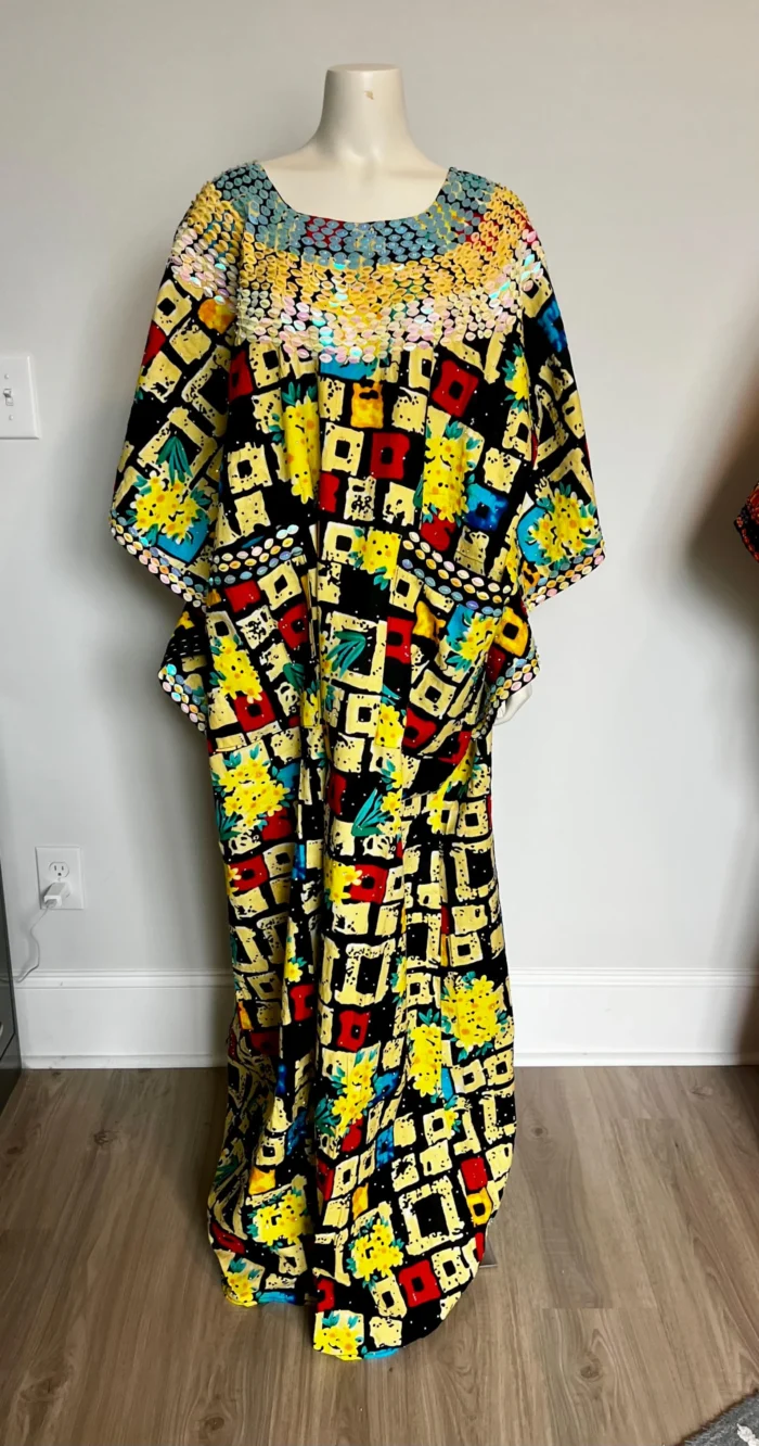 African Ankara Hand Beaded Round Neck Maxi Bubu/Dress - Image 8