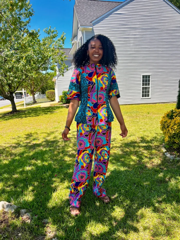 African Ankara Print Floral Front Zip 2p Pant Set - Image 1