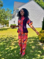 African Ankara Print Floral Front Zip 2p Pant Set - Image 10