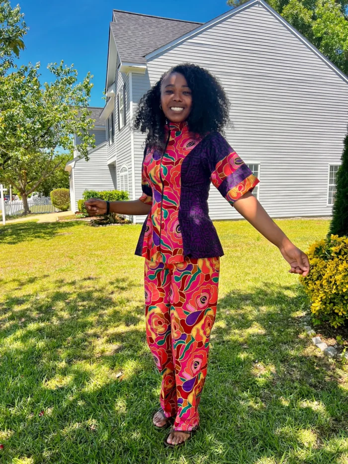 African Ankara Print Floral Front Zip 2p Pant Set - Image 10