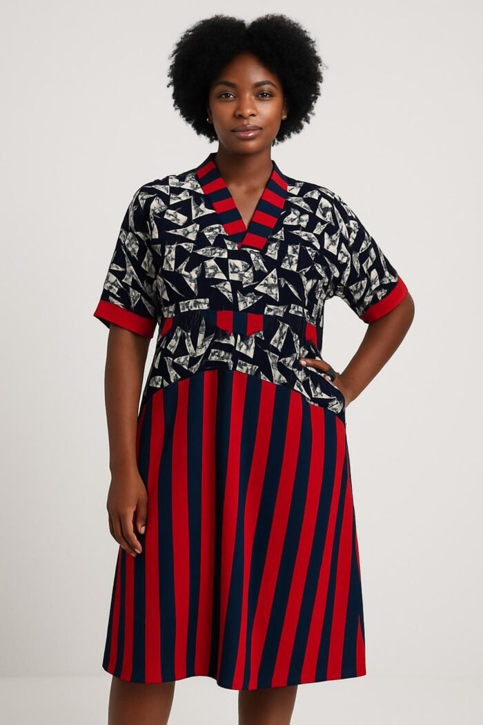 African Ankara Mixed Pattern V Neck Double Pocket Kaftan Style Dress - Image 1