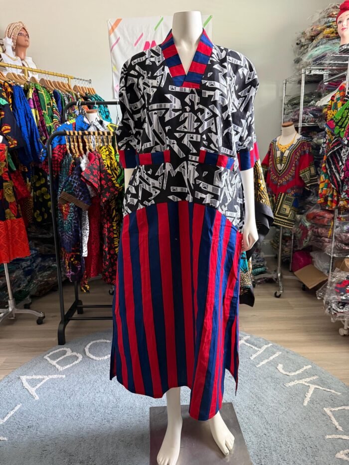 African Ankara Mixed Pattern V Neck Double Pocket Kaftan Style Dress - Image 7