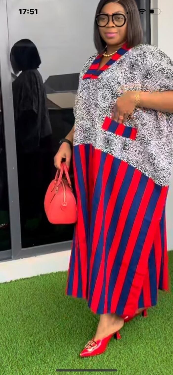 African Ankara Mixed Pattern V Neck Double Pocket Kaftan Style Dress - Image 9