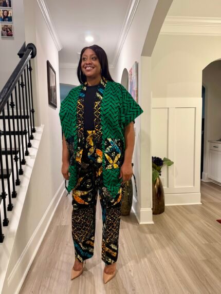 Modern African Ankara print Afro  Calantha Tie side kimono 2p Pant Set